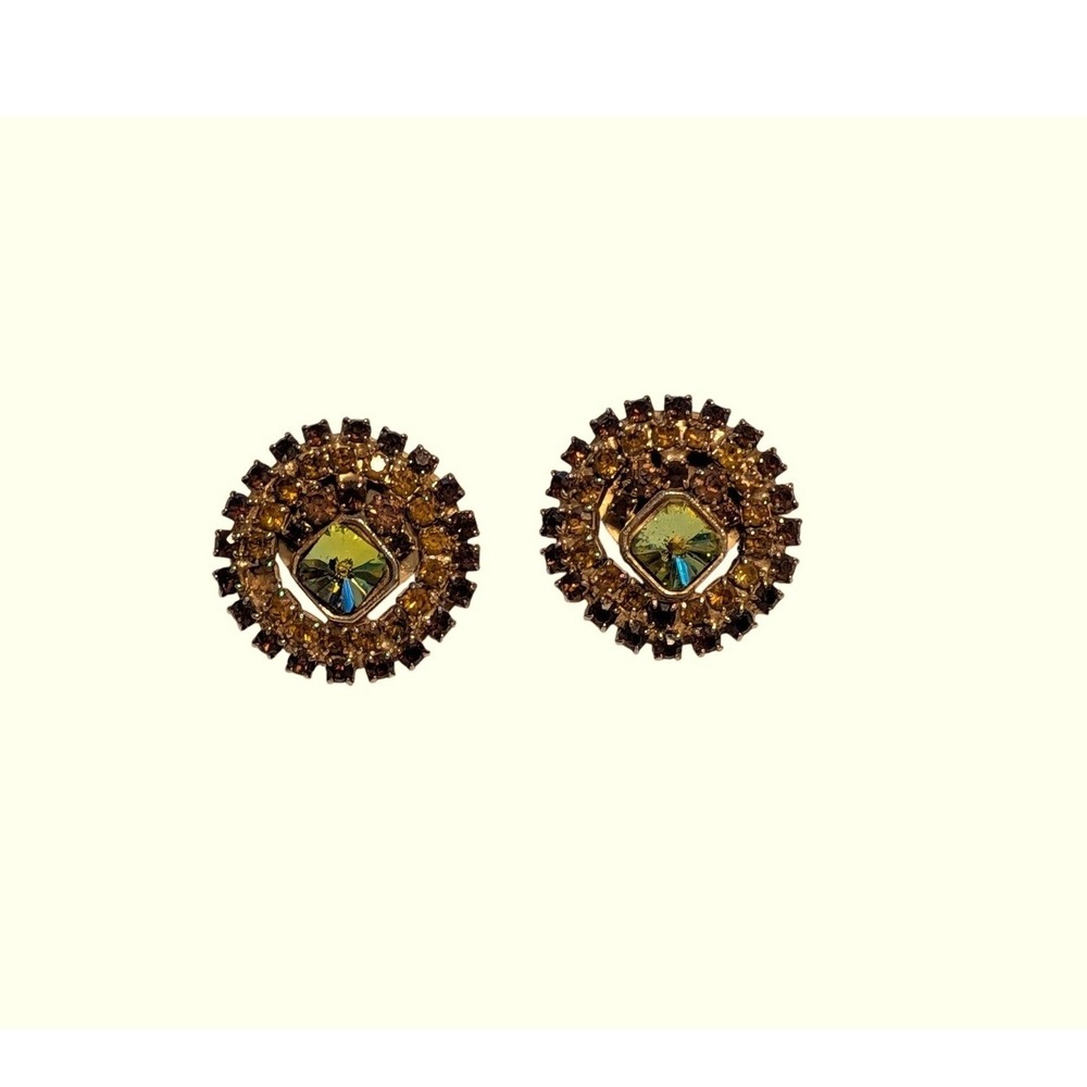 MCM Amber Green Rhinestone Round Sunburst Stud Earrings Vitrail Crystal Pierced